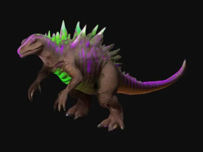 3D model for Design a dinosaur-like alien godzilla inspired by a ankylosaurus, featuring a sleek, agile body with rough, dark brown skin. Its back is lined with sharp, angular spikes, giving it a fierce and alien appearance. Along its body, neon-like stripes in purple and green glow brightly, creating an intense contrast with the earthy brown tones. The glowing stripes follow the contours of its muscular limbs and tail, adding an otherworldly, #bioluminescent#