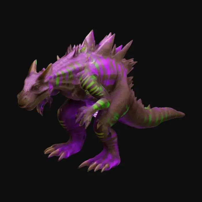 3D model for Design a dinosaur-like alien godzilla inspired by a triceratops, featuring a sleek, agile body with rough, dark brown skin. Its back is lined with sharp, angular spikes, giving it a fierce and alien appearance. Along its body, neon-like stripes in purple and green glow brightly, creating an intense contrast with the earthy brown tones. The glowing stripes follow the contours of its muscular limbs and tail, adding an otherworldly, #bioluminescent#