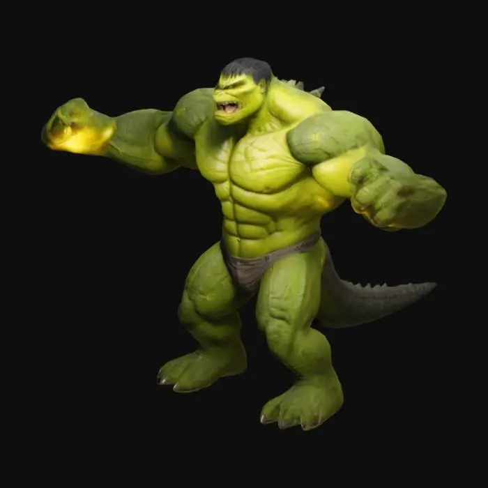 3D model for HULKZILLA combining the hulk body whit the godzilla head, yellow lighting on body, cartoon style, unreal engine 5, highest quality, highest resolution, insane detailed, character design, z-brush, v-ray, a-pose, t-pose, a pos, t pose, standing, facing forward