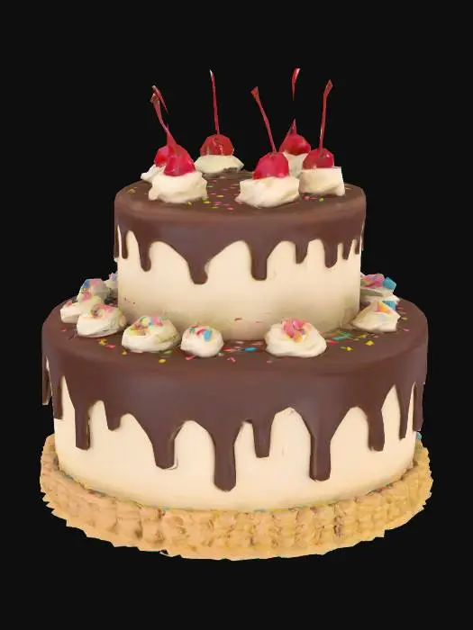 3D model for Create a REAL 3D model of a two-layered birthday cake with the bottom layer larger than the top. Both layers should have smooth, glossy chocolate frosting, with slight texture details like soft creases. Decorate with small, very tiny cherries placed on top and around the edges. Add fine piping of white frosting, subtle colorful sprinkles, and a few delicate edible flowers. Optionally, drizzle chocolate or caramel syrup over the sides, ensuring a polished, lifelike appearance.