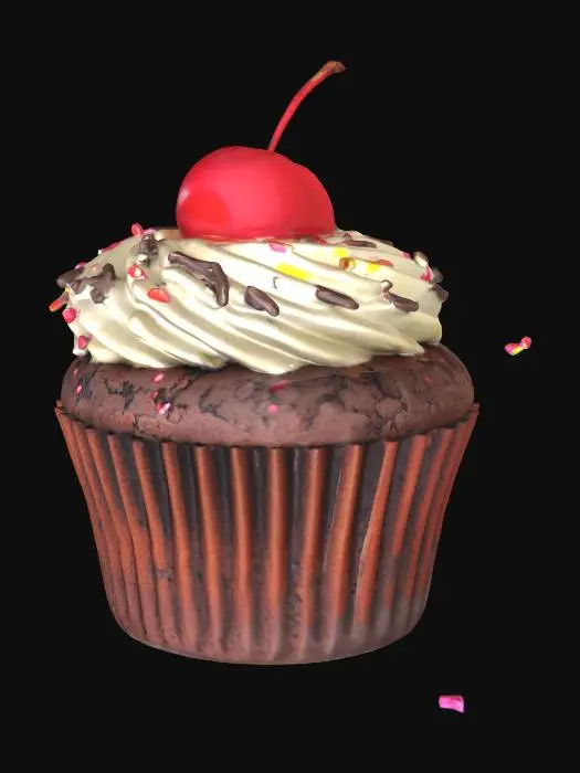 3D model for chocolate muffin with cream topping, cherry and sprinkles