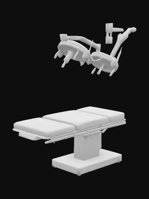 3D model for An operating table, like what a doctor or surgeon would use. It should have a flat bed area with some lights fixed to the bed with swivel arms
