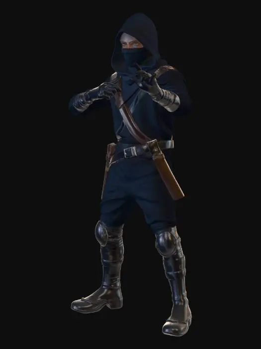 3D model for A young male ninja character in T-pose, stylized for a video game, wearing a black and dark blue stealth outfit with a hood and cloth mask covering the lower face, light armored shoulder pads, fingerless gloves, utility belt with small pouches and throwing knives, tight pants and shin guards, modern yet inspired by traditional Japanese ninja design, medium detail, clean topology, game-ready 3D model