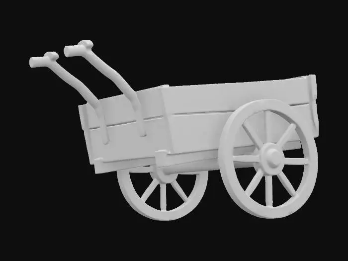 3D model for create a medieval wooden handcart, weathered oak planks, minimalistic design, the cart features a simple rectangular base with sturdy deep carved wooden planks, two huge  wheels with turned spokes , and a handlebar for pulling,stylized with blocky shapes, high quality, high resolution, high detailed, well lit.