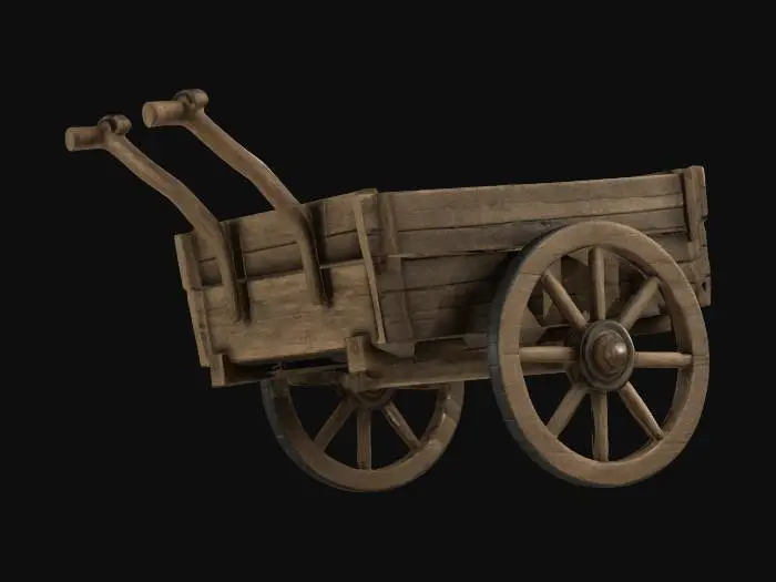 3D model for create a medieval wooden handcart, weathered oak planks, minimalistic design, the cart features a simple rectangular base with sturdy deep carved wooden planks, two huge  wheels with turned spokes , and a handlebar for pulling,stylized with blocky shapes, high quality, high resolution, high detailed, well lit.
