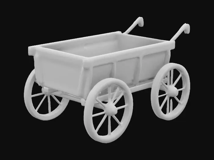 3D model for create a medieval wooden handcart, weathered oak planks, minimalistic design, the cart features a simple rectangular base with sturdy deep carved wooden planks, two huge  wheels with turned spokes , and a handlebar for pulling,stylized with blocky shapes, high quality, high resolution, high detailed, well lit.