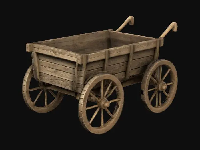 3D model for create a medieval wooden handcart, weathered oak planks, minimalistic design, the cart features a simple rectangular base with sturdy deep carved wooden planks, two huge  wheels with turned spokes , and a handlebar for pulling,stylized with blocky shapes, high quality, high resolution, high detailed, well lit.