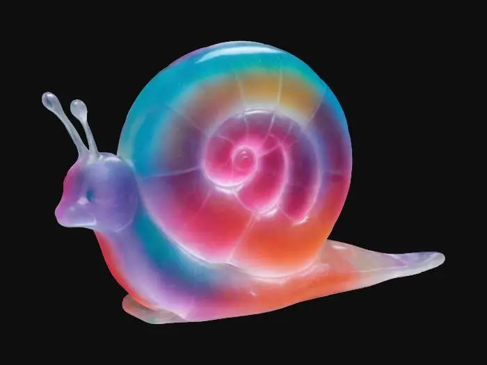 3D model for A bioluminescent creature resembling a snail, with a translucent spiraled shell that fades from deep green at the base to bright yellow at the top. Its soft, shimmering body leaving a glowing trail. Two small thick delicate feelers glow softly, Fantasy, Highly Detailed, Ultra Realistic.Maintain sharp, clean lines. Embossed features.