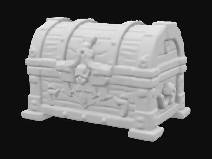 3D model for A Pirates Treasure Chest. Ensure all walls and features are very thick. Include bold, recessed features with a huge depth. Maintain sharp, clean lines. Embossed features to rise high above the surface. Recess etched details very deep for clarity.Pencil on art.Handpainted
