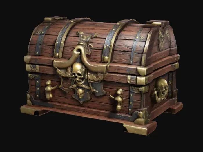 3D model for A Pirates Treasure Chest. Ensure all walls and features are very thick. Include bold, recessed features with a huge depth. Maintain sharp, clean lines. Embossed features to rise high above the surface. Recess etched details very deep for clarity.Pencil on art.Handpainted