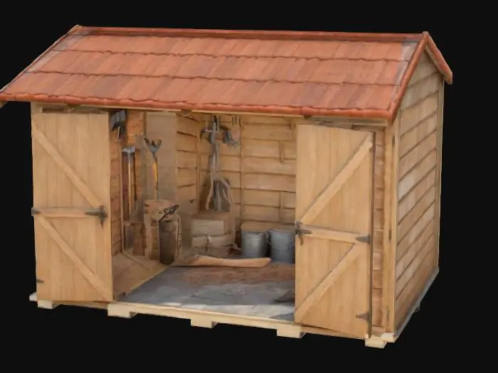 3D model for ultra-realistic, brand new, A wooden #garden# tool shed, detailed , studio-lights,