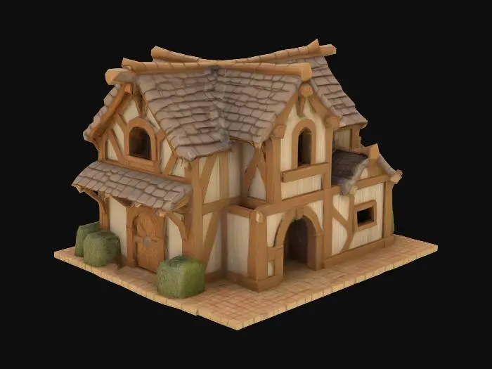 3D model for A #garden# village stable.  Clean lines.  Natural colors. Carved detail. Chunky. Well-lit.  Dungeons & Dragons. detailed, ultra-realistic.
