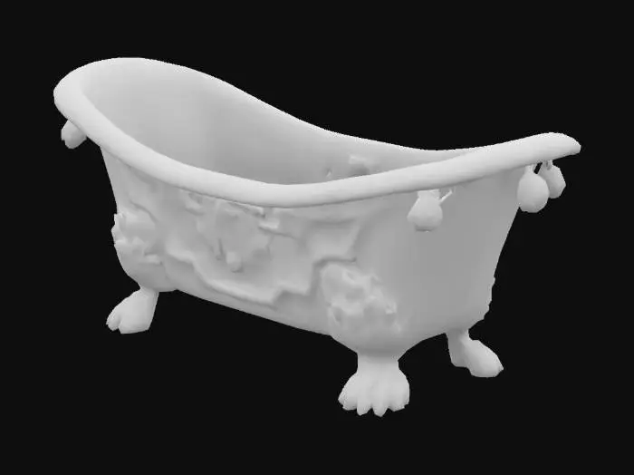 3D model for art-style:illustration; a clawfoot bathtub with a oak wood texture featuring intricate carvings and bear-like paws, giving it a creature-like appearance., Highly detailed. Highly textured.  Bold embossed and deeply etched features.