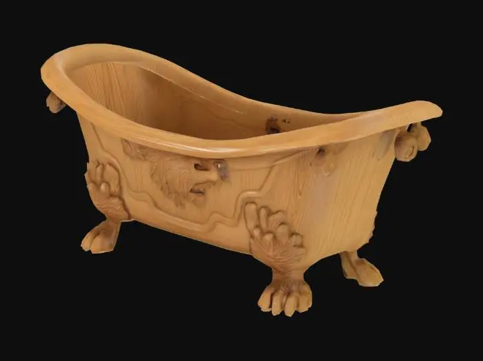 3D model for art-style:illustration; a clawfoot bathtub with a oak wood texture featuring intricate carvings and bear-like paws, giving it a creature-like appearance., Highly detailed. Highly textured.  Bold embossed and deeply etched features.
