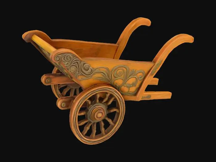 3D model for A whimsical fantasy; wooden antique wheelbarrow; Highly detailed; Highly textured; Bold embossed and deeply etched features. 