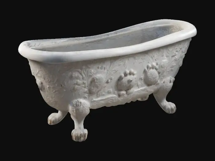 3D model for art-style:illustration; a clawfoot bathtub with a oak wood texture featuring intricate carvings and bear-like paws, giving it a creature-like appearance., Highly detailed. Highly textured.  Bold embossed and deeply etched features.