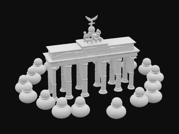 3D model for #AroundTheWorld#, the Brandenburg Gate in [Berlin] Germany , surrounded with twelve yellow rubber ducks , the ducks are arranged like a dial  