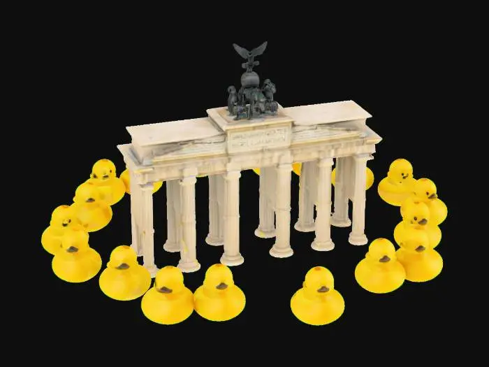 3D model for #AroundTheWorld#, the Brandenburg Gate in [Berlin] Germany , surrounded with twelve yellow rubber ducks , the ducks are arranged like a dial  