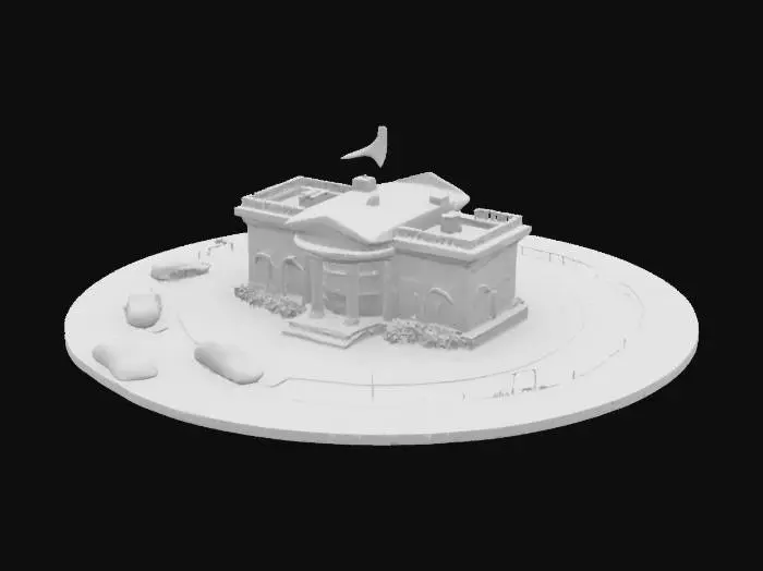 3D model for #AroundTheWorld#, [USA] the White House surrounded by a curvy Racetrack ,The Finish line is in Front of the White house .add a red and a blue Race-car on the track ,Add a  Chibby Mr.Trump with the jacked Flag on the Finish line.