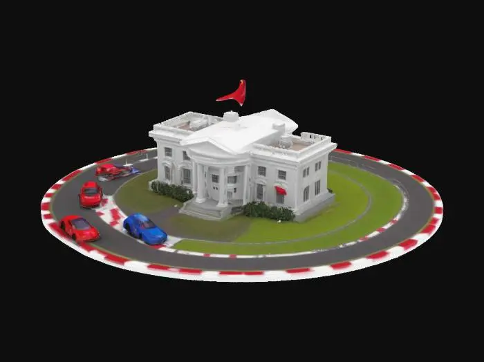 3D model for #AroundTheWorld#, [USA] the White House surrounded by a curvy Racetrack ,The Finish line is in Front of the White house .add a red and a blue Race-car on the track ,Add a  Chibby Mr.Trump with the jacked Flag on the Finish line.