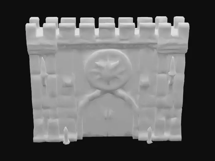 3D model for Eine imposante Festungsmauer aus dunklem, massiven Stein, dessen Oberfläche von groben, hellen Rissen durchzogen ist, die eine marmorähnliche Textur erzeugen und das Material alt und verwittert erscheinen lassen. Die Mauerkrone ist zinnenbewehrt. Integrierte Fackeln aus dunklem Metall ragen hervor und spenden warmes, orangefarbenes Licht. Die Wand ist mit Reliefs verziert, darunter ein großes, rundes Schild mit einem detaillierten Drachenkopf und vertikal angebrachten Schwertern, sowie weitere Wappen und Runen.