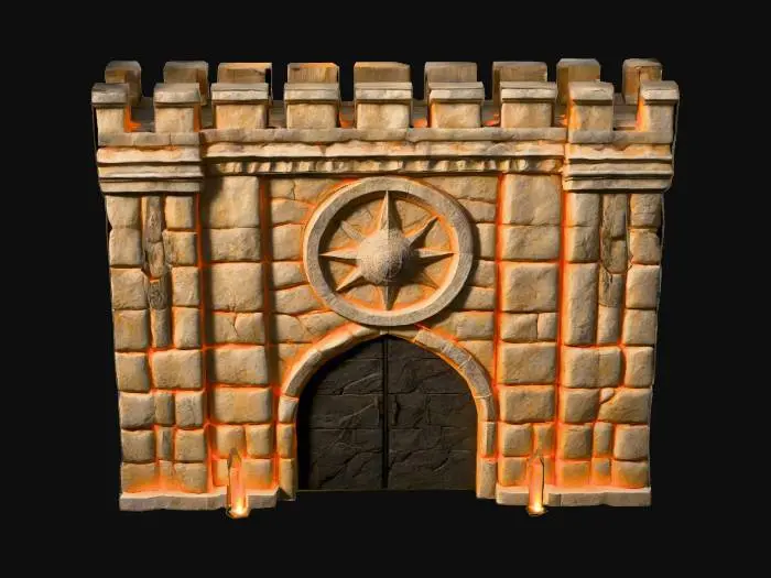 3D model for Eine imposante Festungsmauer aus dunklem, massiven Stein, dessen Oberfläche von groben, hellen Rissen durchzogen ist, die eine marmorähnliche Textur erzeugen und das Material alt und verwittert erscheinen lassen. Die Mauerkrone ist zinnenbewehrt. Integrierte Fackeln aus dunklem Metall ragen hervor und spenden warmes, orangefarbenes Licht. Die Wand ist mit Reliefs verziert, darunter ein großes, rundes Schild mit einem detaillierten Drachenkopf und vertikal angebrachten Schwertern, sowie weitere Wappen und Runen.