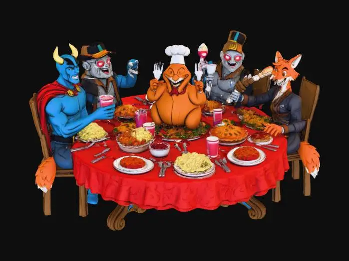 3D model for Medium Poly-count ,comic Style,Thanksgiving Feast with Friends, #Thanksgiving#