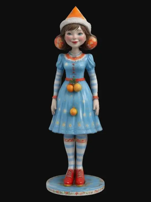 3D model for #ChristmasAdventure#, Ultra-Realistic, a figurine shaped like Lucy wilde in a festive, voluminous skyblue dress decorated with orange bands and christmas ball designs,red pointed Christmas cap ,funny squeeze lemon smile, 3D ,full body , christmas-themed, porcelain, Highly Detailed, #ChristmasAdventure#