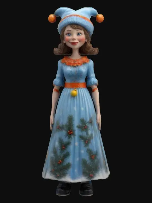 3D model for #ChristmasAdventure#, Ultra-Realistic, a figurine shaped like Lucy wilde in a festive, voluminous skyblue dress decorated with orange bands and christmas ball designs,red pointed Christmas cap ,funny squeeze lemon smile, 3D ,full body , christmas-themed, porcelain, Highly Detailed, #ChristmasAdventure#