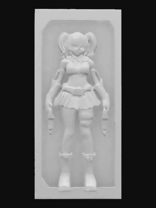 3D model for female action figure, in classic-style oblong box, box has clear plastic front with colorful graphics, character design, great elegance, twin pigtail brown hair, full well defined body and facial features, laser-weapon, sci-fi, skirt and boots punk-style, high-detailed.#quads#