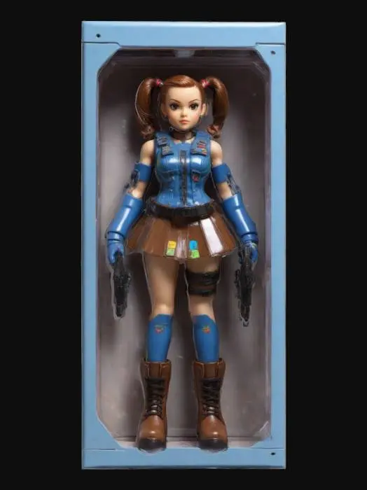 3D model for female action figure, in classic-style oblong box, box has clear plastic front with colorful graphics, character design, great elegance, twin pigtail brown hair, full well defined body and facial features, laser-weapon, sci-fi, skirt and boots punk-style, high-detailed.#quads#