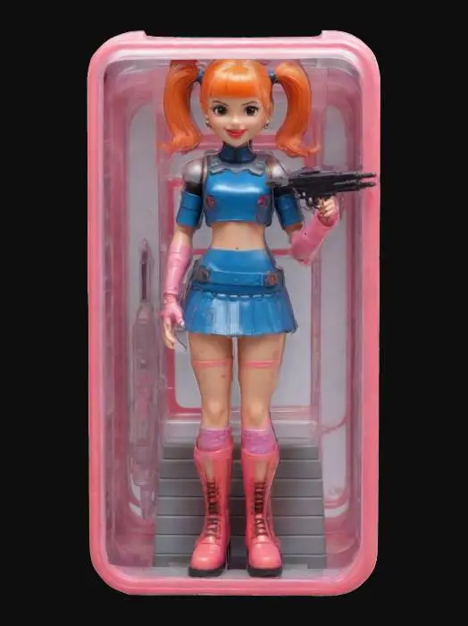 3D model for female action figure, in classic-style oblong box, box has clear plastic front with colorful graphics, character design, great elegance, twin pigtail brown hair, full well defined body and facial features, laser-weapon, sci-fi, skirt and boots punk-style, high-detailed.#quads#