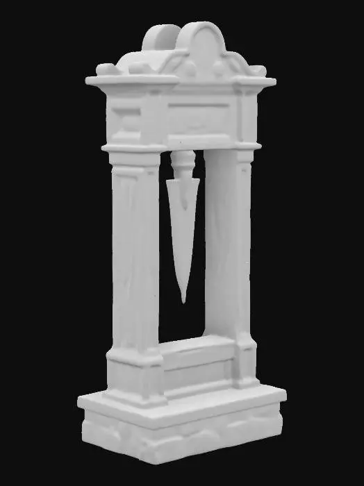 3D model for A empty weathered guillotine, made of oak wood, stands starkly on a square cobblestone base, well lit
