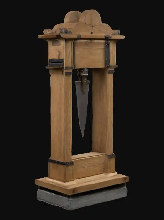 3D model for A empty weathered guillotine, made of oak wood, stands starkly on a square cobblestone base, well lit
