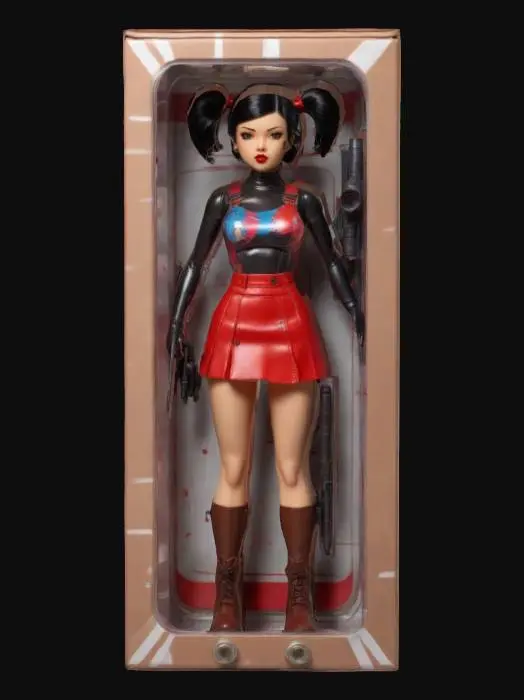 3D model for female action figure, in classic-style oblong box, box has clear plastic front with colorful graphics, character design, great elegance, twin pigtail brown hair, full well defined body and facial features, laser-weapon, sci-fi, skirt and boots punk-style, high-detailed.#quads#