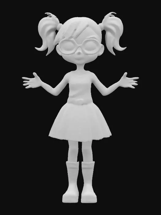 3D model for ultra-realistic, create a young female, outstanding elegance, 3D, standing, full body, orange twin picktail hair, oversized red glasses, wearing a very short pleedet shoulder free pink dress with a violet pleated skirt and a blue belt, she got modern long black boots, her skin is caramel warm-toned , arms outstretched, a-pose, boots clear apart, digital art,very-high quality, high resolution, ultra-high detailed, well lit.
