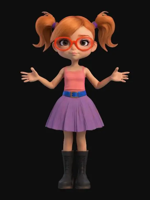 3D model for ultra-realistic, create a young female, outstanding elegance, 3D, standing, full body, orange twin picktail hair, oversized red glasses, wearing a very short pleedet shoulder free pink dress with a violet pleated skirt and a blue belt, she got modern long black boots, her skin is caramel warm-toned , arms outstretched, a-pose, boots clear apart, digital art,very-high quality, high resolution, ultra-high detailed, well lit.
