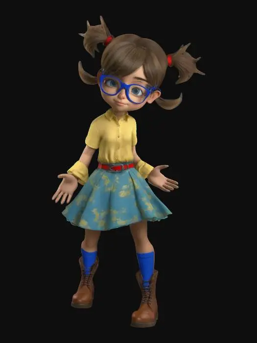 3D model for ultra-realistic, create a young female, outstanding elegance, 3D, standing, full body, orange twin picktail hair, oversized red glasses, wearing a very short pleedet shoulder free pink dress with a violet pleated skirt and a blue belt, she got modern long black boots, her skin is caramel warm-toned , arms outstretched, a-pose, boots clear apart, digital art,very-high quality, high resolution, ultra-high detailed, well lit.
