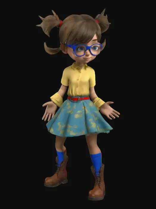 3D model for ultra-realistic, create a young female, outstanding elegance, 3D, standing, full body, orange twin picktail hair, oversized red glasses, wearing a very short pleedet shoulder free pink dress with a violet pleated skirt and a blue belt, she got modern long black boots, her skin is caramel warm-toned , arms outstretched, a-pose, boots clear apart, digital art,very-high quality, high resolution, ultra-high detailed, well lit.
