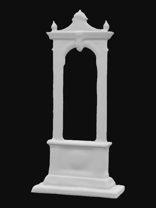 3D model for A empty weathered guillotine, made of oak wood, stands starkly on a square cobblestone base, well lit