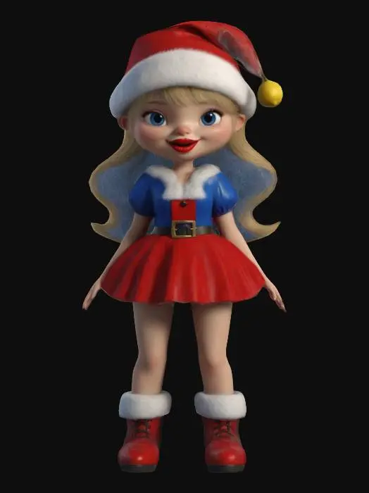 3D model for #ChristmasAdventure#, Ultra-Realistic,  It is Santas Daughter , full body, 3D, Short red Skirt, Beautiful elegance, christmas-themed, red pointed Christmas cap ,funny squeeze lemon smile, Pompous Blond long Hair, ultra detailed mesh, high resolution, realistic colors, distressed textures, Best quality, Well-lit., #ChristmasAdventure#