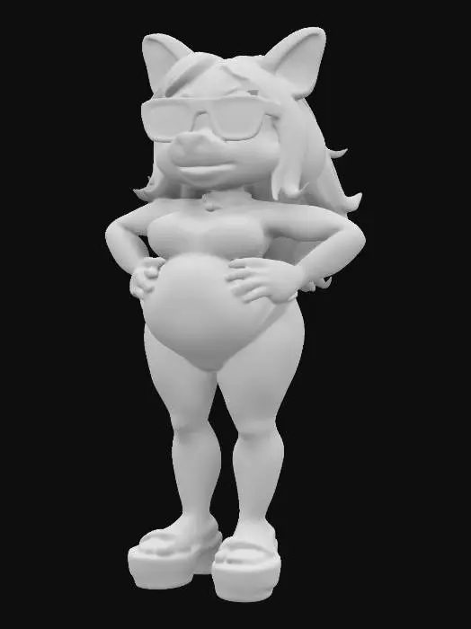 3D model for Ultra realistic, it is "miss piggy" , slightly thick body, 3d , full body ,wearing a red bikini, pinkish warm toned skin, art-style:cartonish, wearing modern red platform sandals, oversized blue glasses.