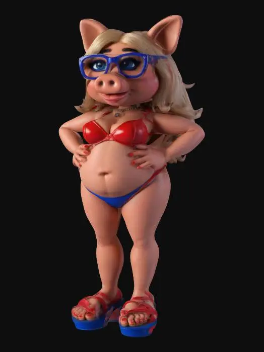 3D model for Ultra realistic, it is "miss piggy" , slightly thick body, 3d , full body ,wearing a red bikini, pinkish warm toned skin, art-style:cartonish, wearing modern red platform sandals, oversized blue glasses.
