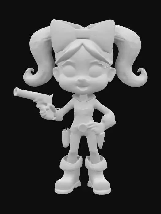 3D model for character Design a humorous cartoon cowgirl.game assets.3D.full body.The character should have exaggerated features like a Pompous Blond twin pick-tail hair. a Pinkish oversized Bow, funny smile.black lipstick. checked western shirt,and orange boots with chrome-plated spurs. Ensure here head, torso, arms, and legs are distinct and separable for game purposes.t pose.arms outstretched. A revolver in one hand and a holster at the hip add charm and femininity. a vibrant, color scheme .funny appeal.
