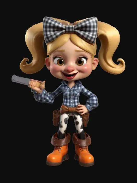 3D model for character Design a humorous cartoon cowgirl.game assets.3D.full body.The character should have exaggerated features like a Pompous Blond twin pick-tail hair. a Pinkish oversized Bow, funny smile.black lipstick. checked western shirt,and orange boots with chrome-plated spurs. Ensure here head, torso, arms, and legs are distinct and separable for game purposes.t pose.arms outstretched. A revolver in one hand and a holster at the hip add charm and femininity. a vibrant, color scheme .funny appeal.
