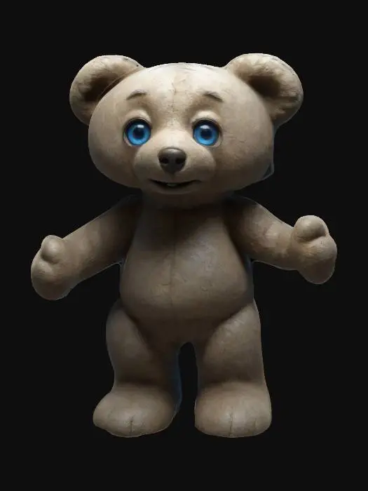 3D model for create a teddy bear, super cute, 3D,full body, standing, arms outstretched, oversized head, big blue eyes,  realistic, etched details, carved details. Thick and clean edges. Well-lit. apose, detailed face,character design,highest quality,highest resolution,insane detailed,