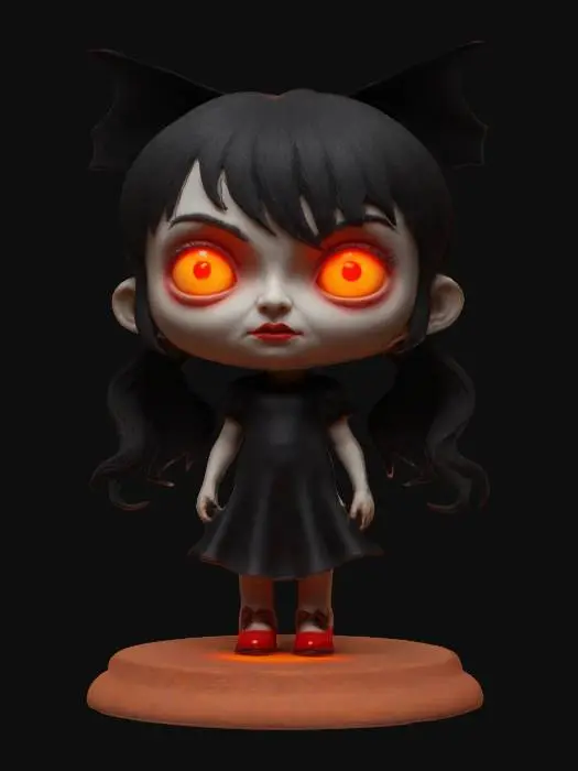 3D model for chiby style,mavis dracula from transilvania,full portrait.orange eyes .ensure great feminism
.standing on a round clay base. 