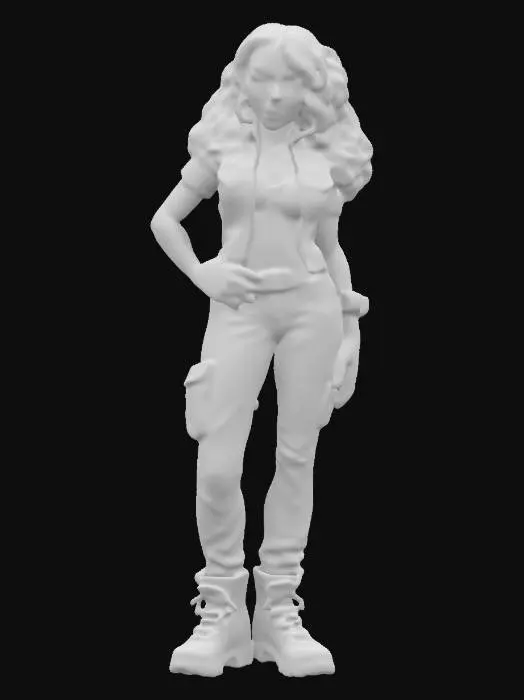 3D model for a cartoon-style female human character featuring a muscular sexy curvy build. Her Hair is curly. She is wearing a blue denim biker vest over a black shirt. light-green cargo pants.
pinkish boots.Full Body.overall a beautiful sexy modern Lady.toned skin color.sexy expression.Well-proportioned.well-lit. Clearly defined features.ensure a stunning and graceful woman. Maintain sharp, clean lines. Embossed features.Glamour and Elegance look.deep carved textures. 
