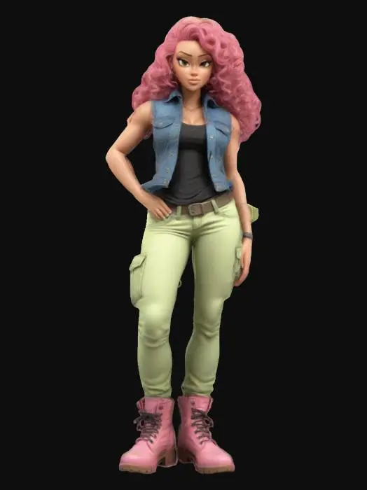 3D model for a cartoon-style female human character featuring a muscular sexy curvy build. Her Hair is curly. She is wearing a blue denim biker vest over a black shirt. light-green cargo pants.
pinkish boots.Full Body.overall a beautiful sexy modern Lady.toned skin color.sexy expression.Well-proportioned.well-lit. Clearly defined features.ensure a stunning and graceful woman. Maintain sharp, clean lines. Embossed features.Glamour and Elegance look.deep carved textures. 
