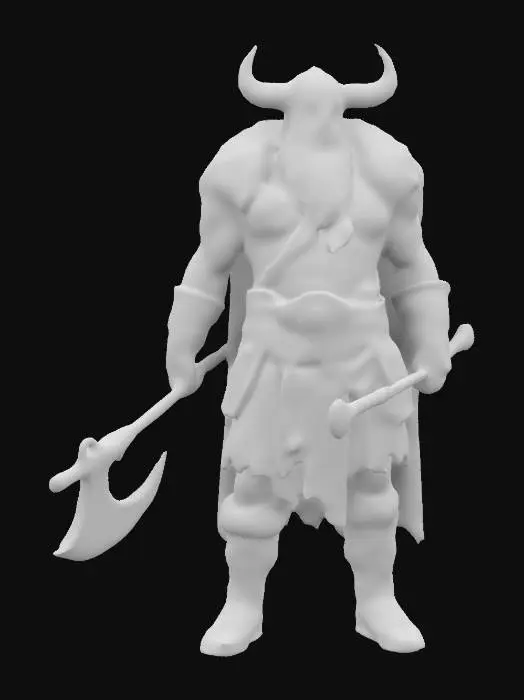 3D model for #ChronoForgeWeapon#. north man warrior. aggressive face . 3D. Standing. Arm tribal tattoos. viking leather armor. viking hat. well-lit.holding a Chrono Forge Weapon axe in one Hand.
